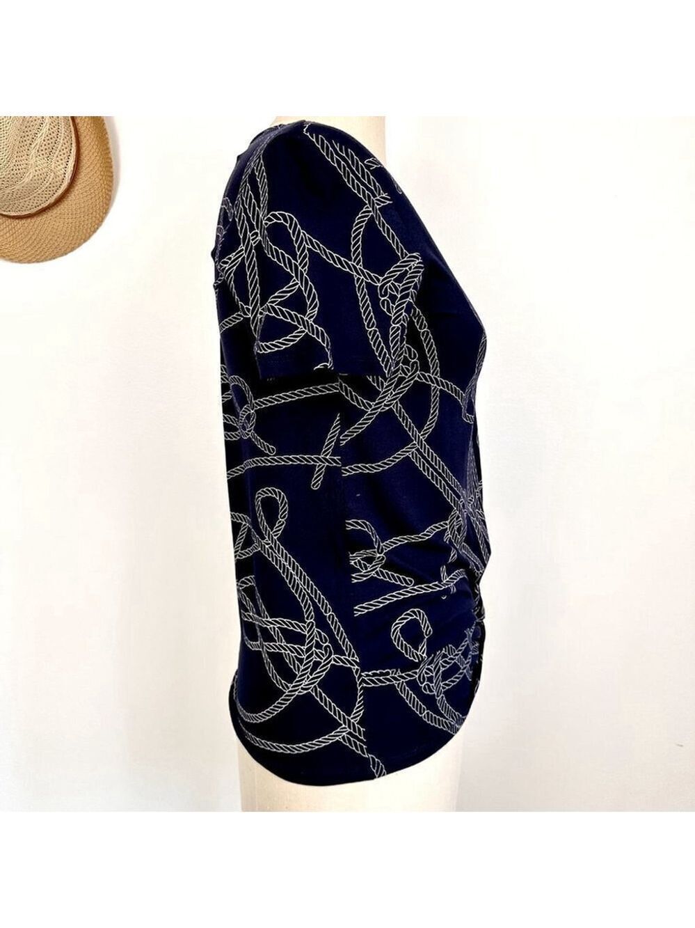 Dex Short Sleeve Patterned Top Navy Blue Womens Small Twist Tie Front - Picture 3 of 10